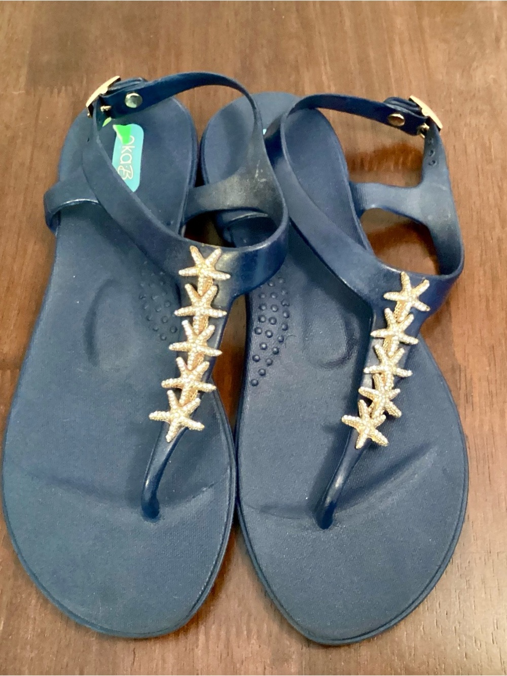 OKA b. Navy T-Strap Sandals with Rhinestone Starfish Accents